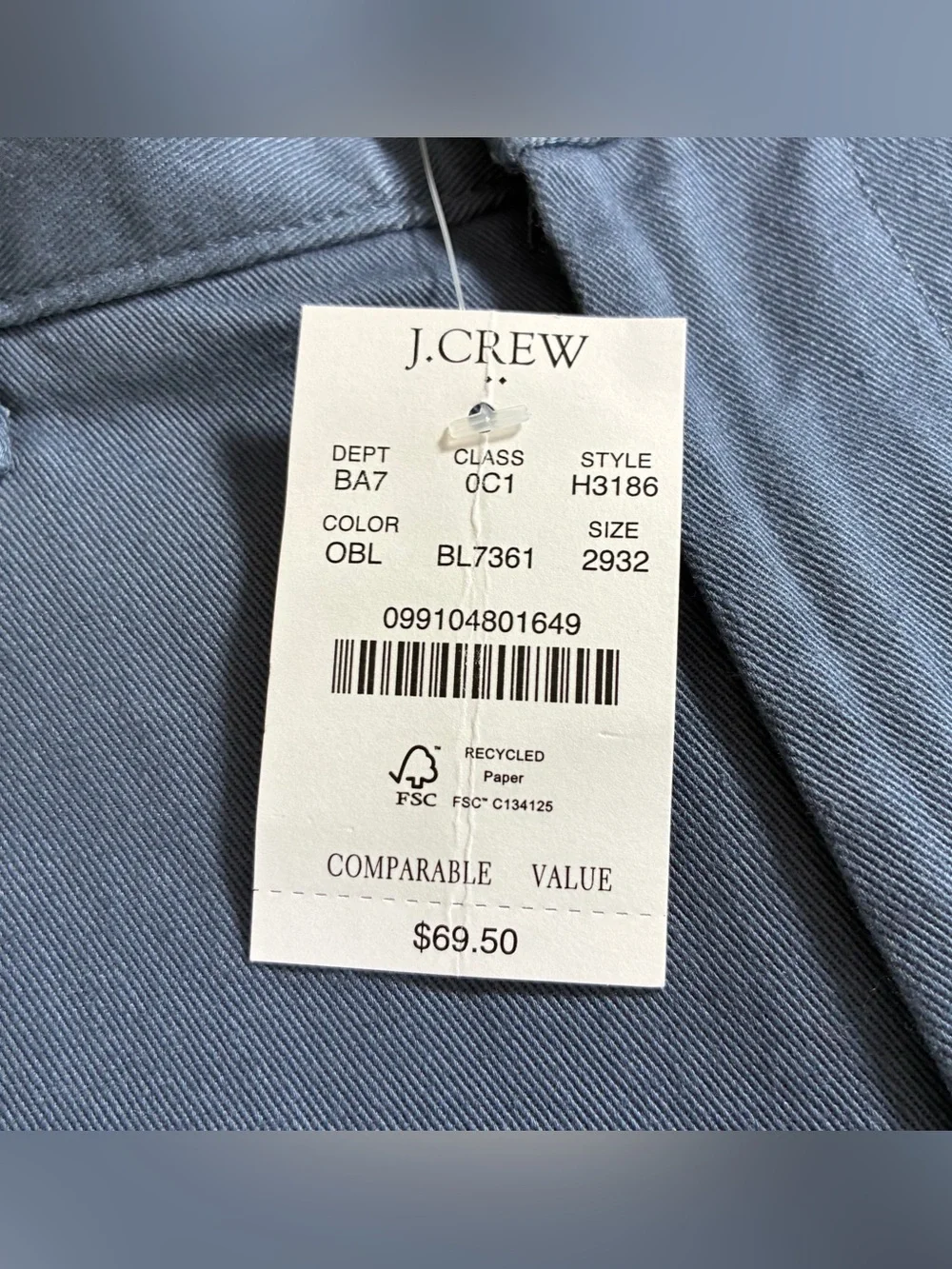 NWT J.CREW Flex Mens 29x32 Straight Slim Fit Chino Pants Blue Casual Golf Dress